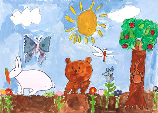 お花畑であそんでいるくまとうさぎ