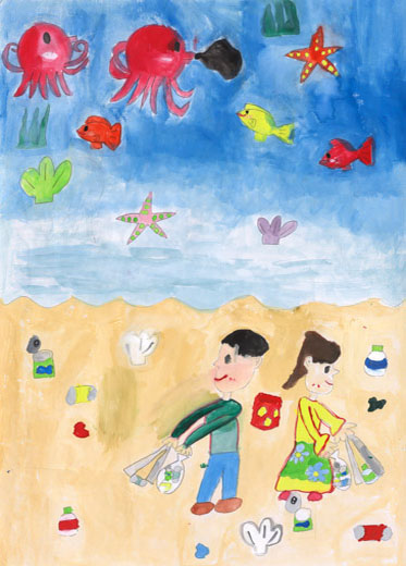 ちいきの人がうみにおちてるゴミをひろってるところ