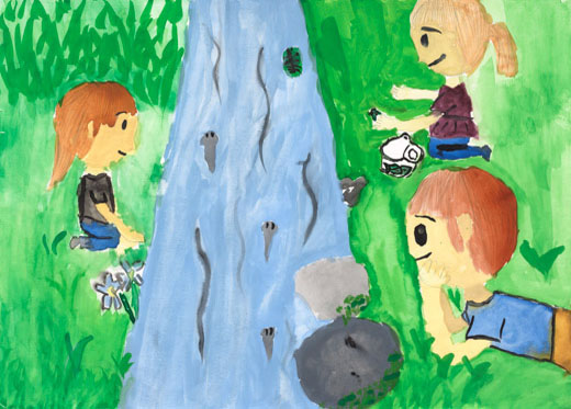 池のおたまじゃくしと子どもたち