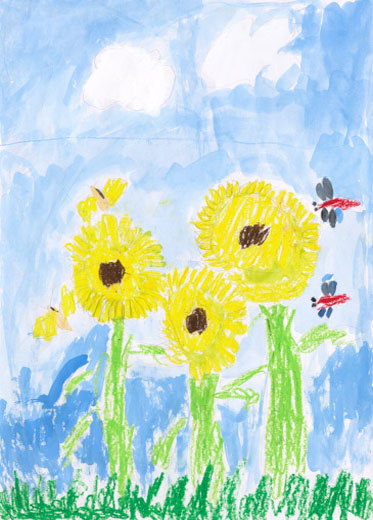 大きなひまわりと虫たち