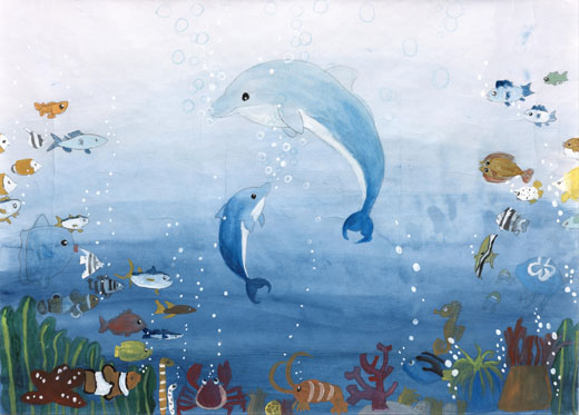 きれいな海といるかのおやこ