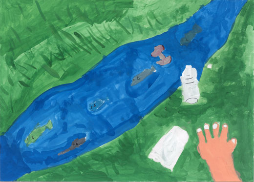 川にごみをすてないようにしよう。