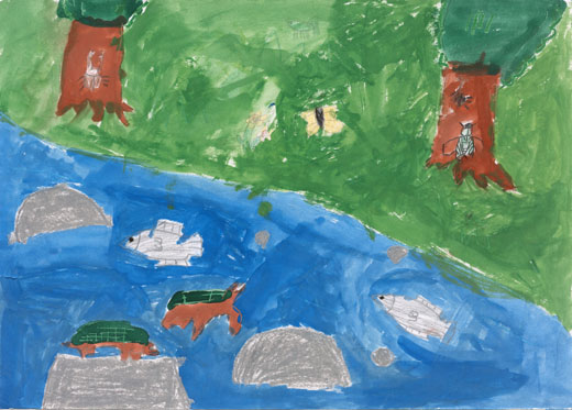 川に魚とかめがおよいでいる