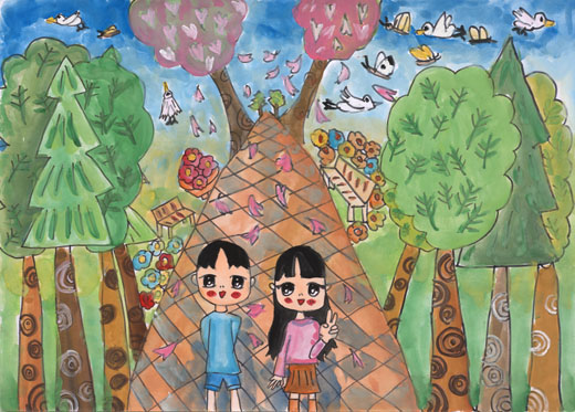 桜がある公園で記念写真