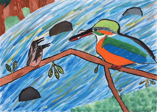 川とカワセミの親子