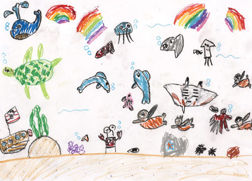 うみでみんなでおよいだよ。