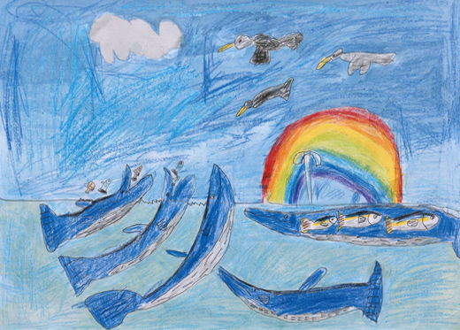 鳥とクジラが仲良くくらしている絵