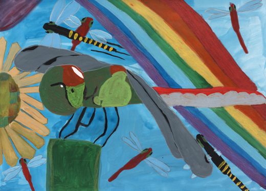 たくさんのトンボにかこまれている赤トンボ