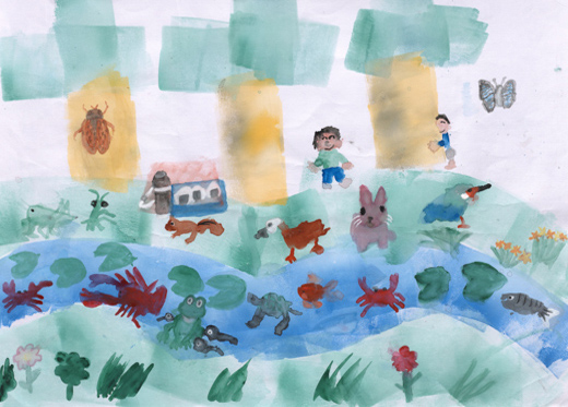 きれいな川のちかくでピクニック