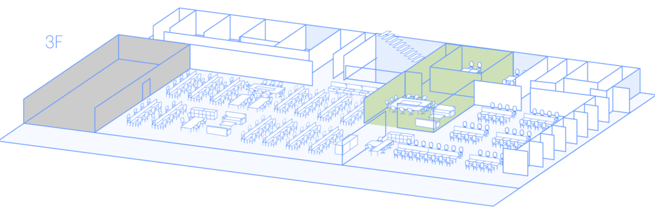 草津新棟3階フロアのアイソメトリック図。水をイメージした水色で描かれたオフィスレイアウト