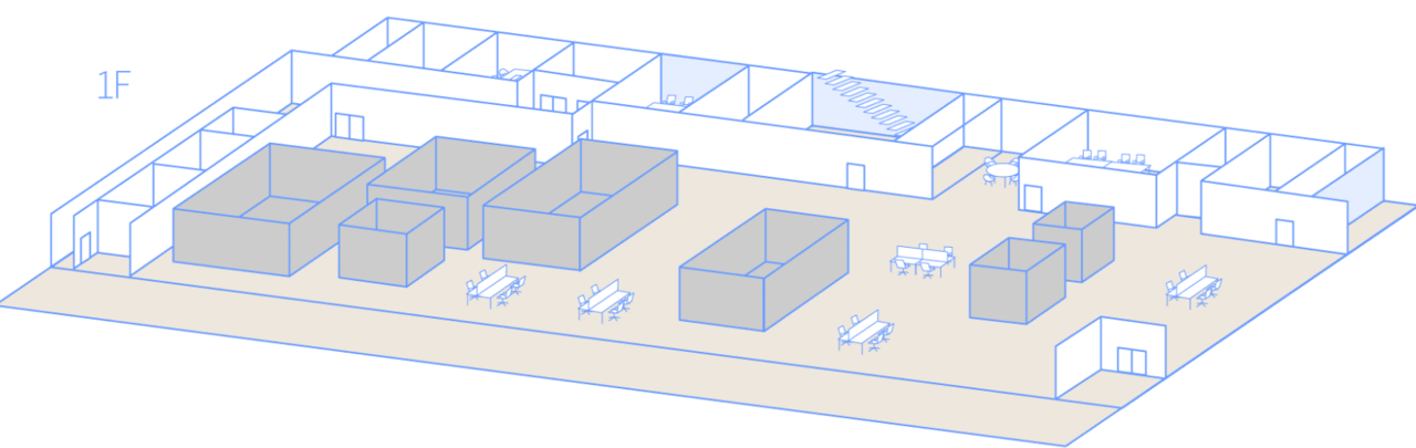 草津新棟1階フロアのアイソメトリック図。土をイメージした茶色で描かれたオフィスレイアウト
