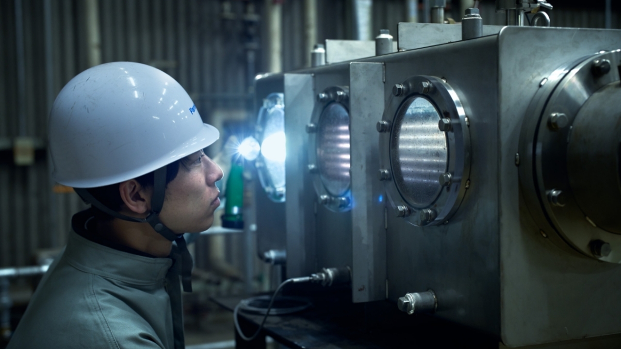 冷凍機の内部を確認する開発担当者の様子