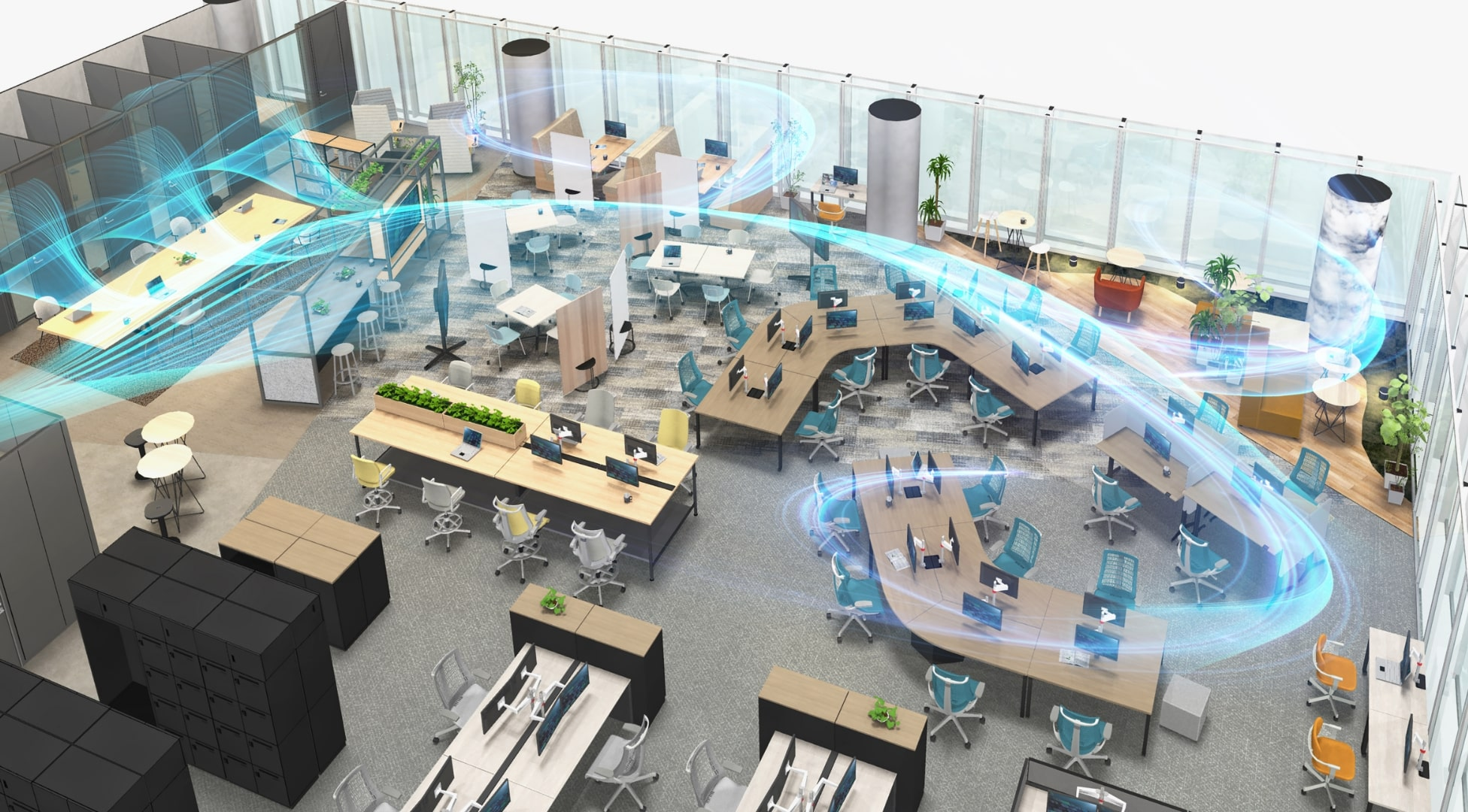 SOLUTIONS GATE OSAKA UMEDA のフロアマップ。カフェ、ミーティング、コミュニケーション、リラックス、集中の5つのエリアで構成されている。