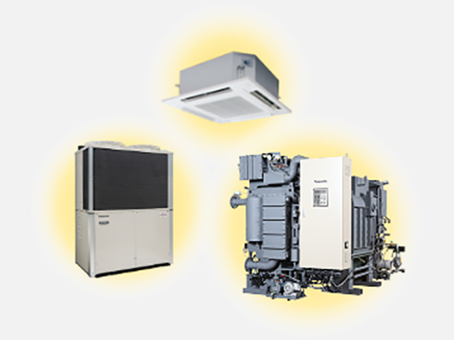 パナソニックの業務用空調機。室内機、ビル用マルチエアコン、ナチュラルチラーなどの製品群。