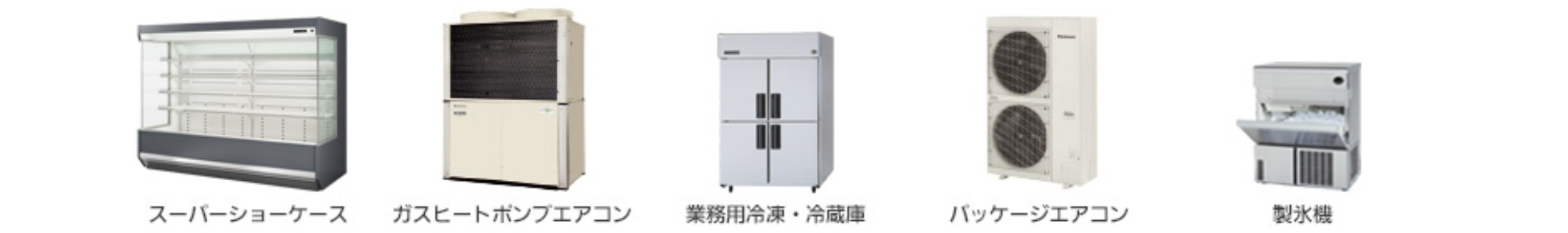第一種特定製品の例：スーパーショーケース、ガスヒートポンプエアコン、業務用冷凍冷蔵庫、パッケージエアコン、製氷機、ウォータークーラー。