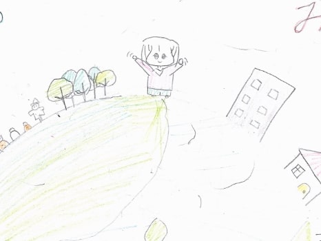 植物、家、笑顔の人が地球を取り囲んでいるイラスト