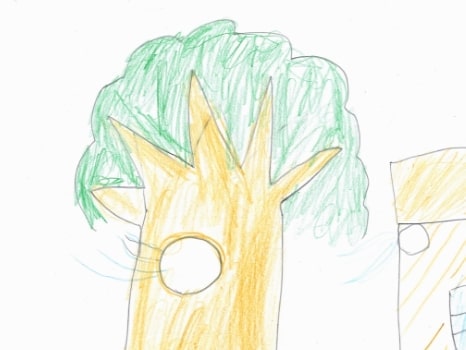 丸く穴の空いた木と家のイラスト