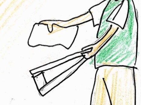 ゴミを拾う人、リモコンを持つ人、笑顔の人、森と動物のイラスト