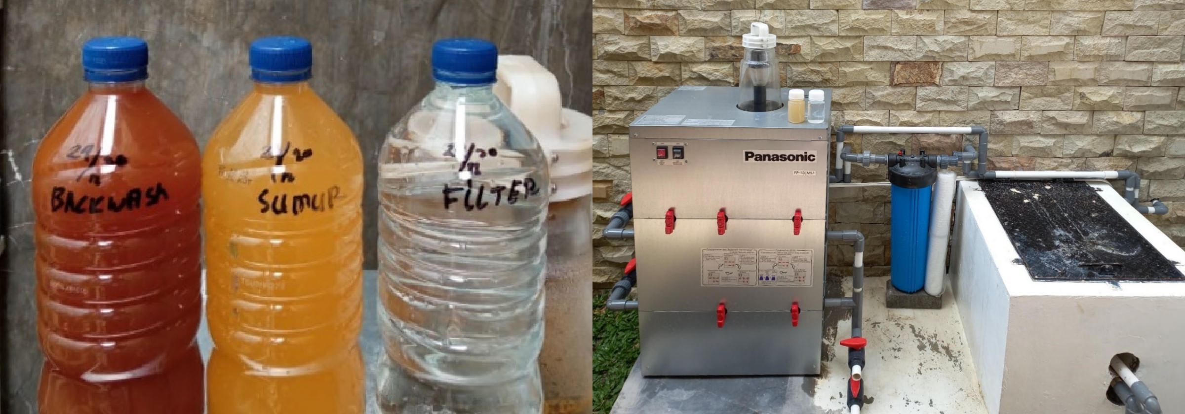 水浄化機器と、水浄化機器を通した水の色の変化を示した画像