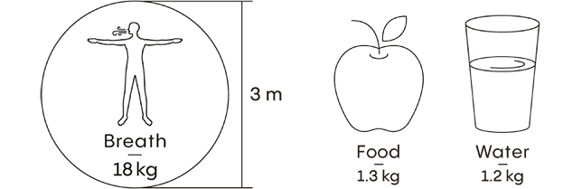 人が1日の間に摂取する空気は18kg、食べ物は1.3kg、飲み物は1.2kgであることを示したイラスト
