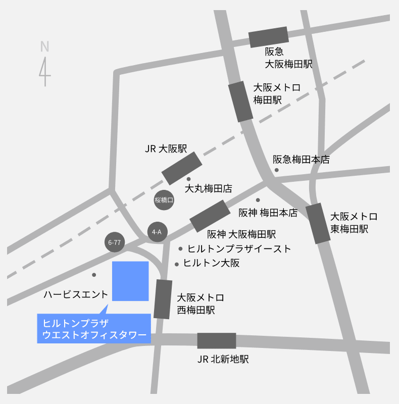 梅田ヒルトンプラザウエストオフィスタワーへのイラストアクセスマップ