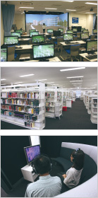 （上から）コンピュータルーム、図書館、メディアブース