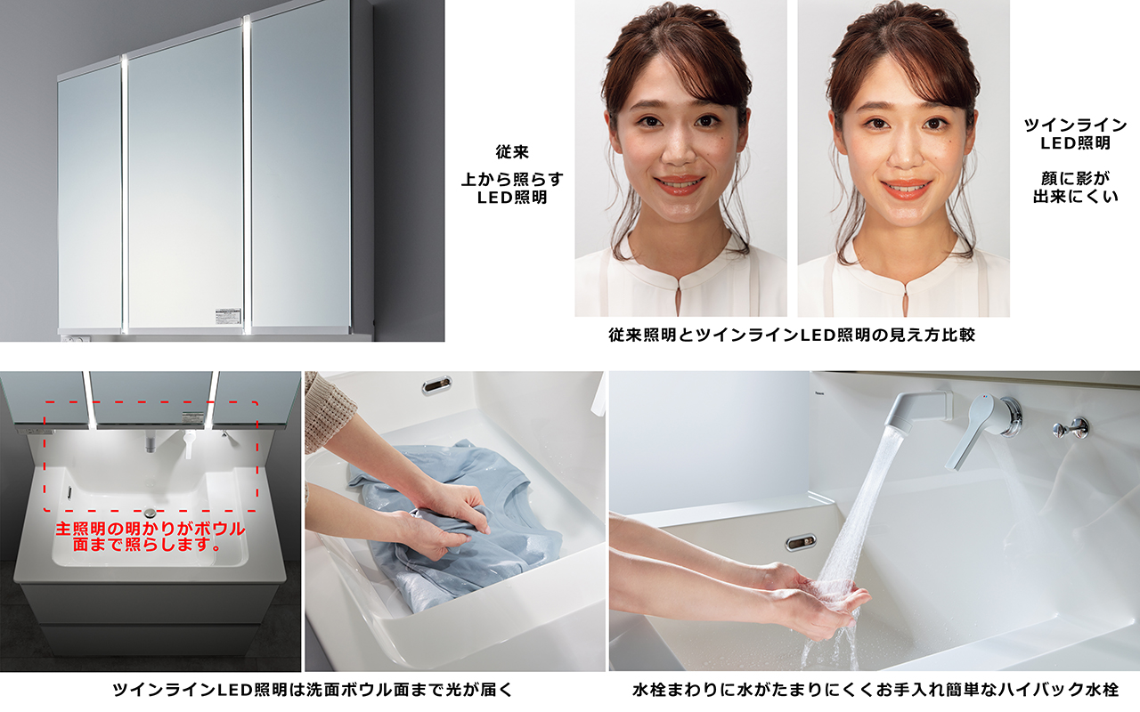 従来照明とツインラインLED照明の見え方比較、ツインラインLED照明は洗面ボウル面まで光りが届く、水栓まわりに水がたまりにくくお手入れ簡単なハイバック水栓