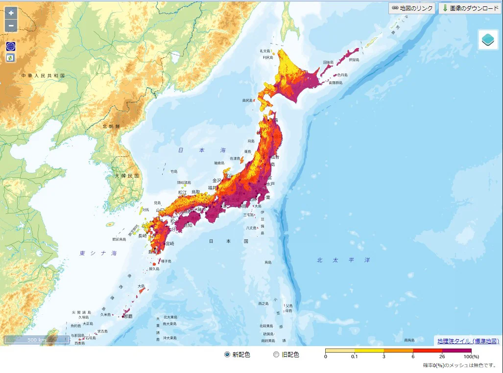 30年 震度5弱以上の揺れに見舞われる確率の分布図