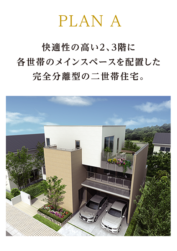 PLAN A 快適性の高い2、3階に各世帯のメインスペースを配置した完全分離型の二世帯住宅。