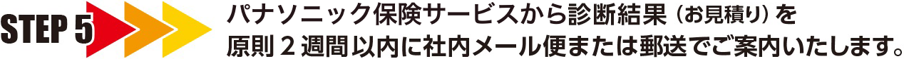 STEP5 代理店担当者から診断結果（お見積り）を原則2週間以内に社内メール便または郵送でご案内いたします。