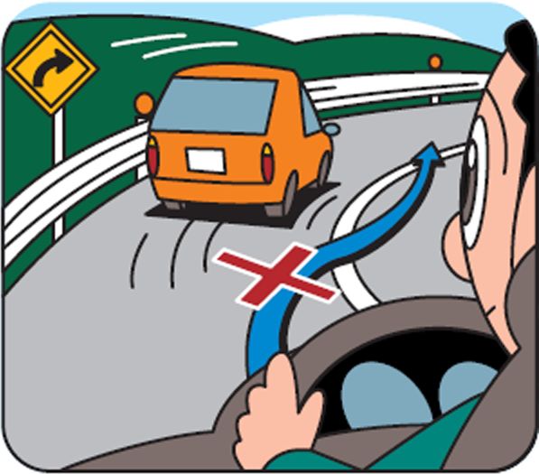 カーブや下り坂、夜間での追越しを避ける