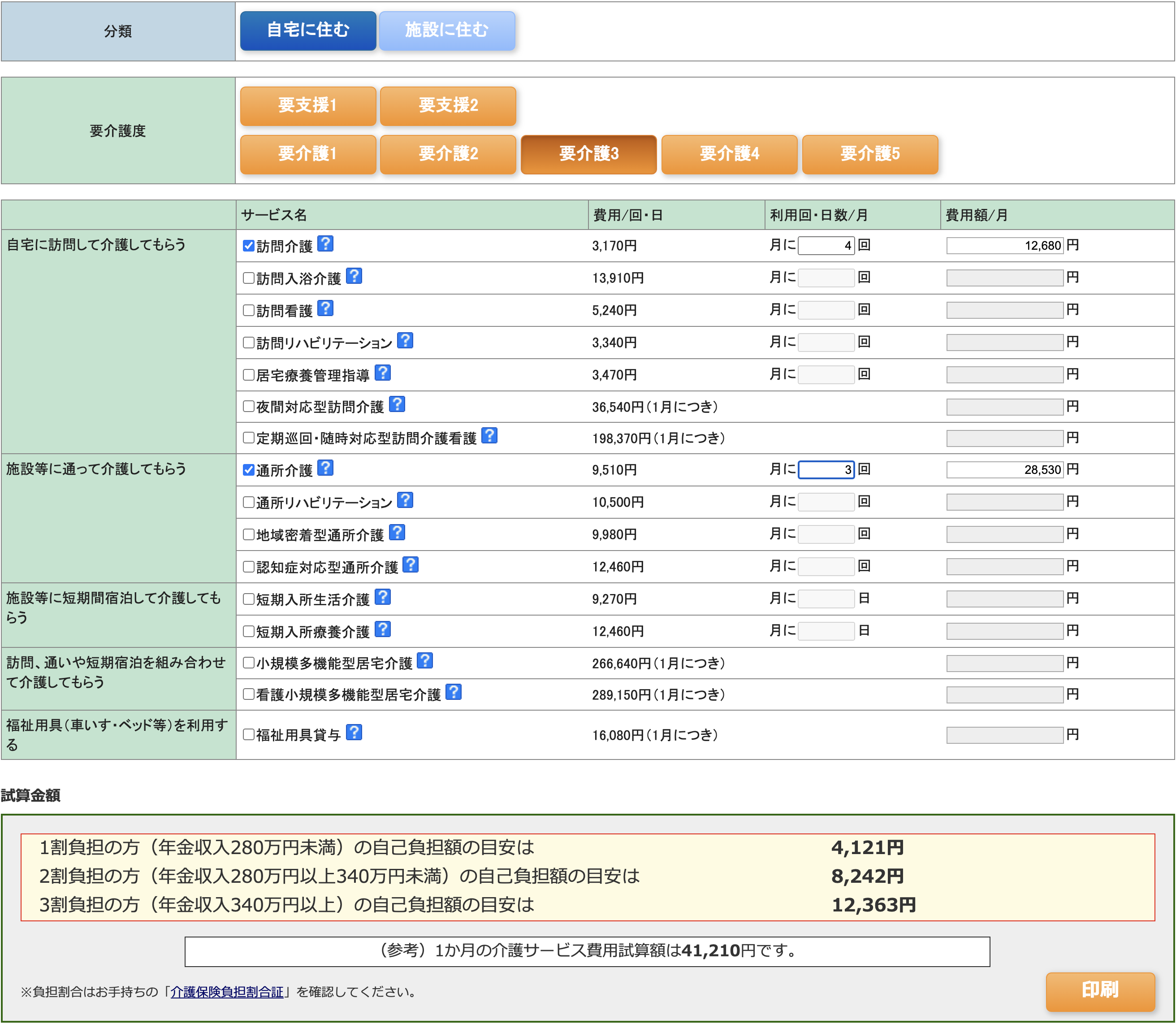 図表3：介護サービス概算料金の試算例