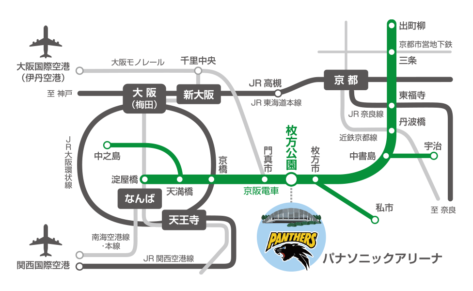 最寄駅の枚方公園駅までの各経路図